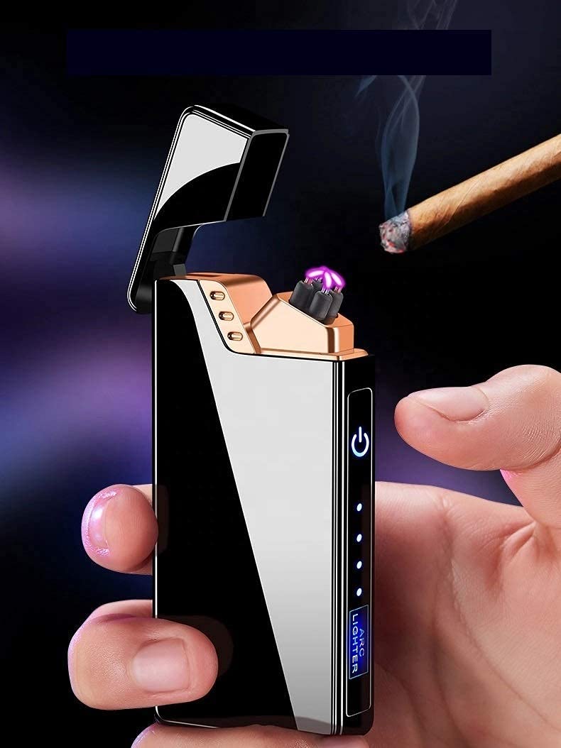 New Arc Cigarette Lighter for Men,Smoking, Gifts, Electric Arc Lighter Plasma Flameless Windproof Lighter with Battery Display USB Rechargeable Lighter - black