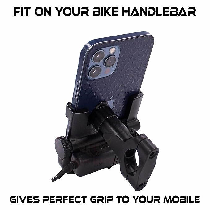 Universal Bike Mount Holder Metal Body 360 Degree Rotating Handlebar Metal Body Cradle Stand with USB Charger for Bicycle, Motorcycle, Fits All Smartphones.