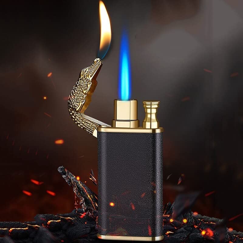 Trending New Alloy Double Fire Lighter Metal Blue Flame Crocodile Dragon Tiger Creative Windproof Open Fire Conversion Lighter Men Gift