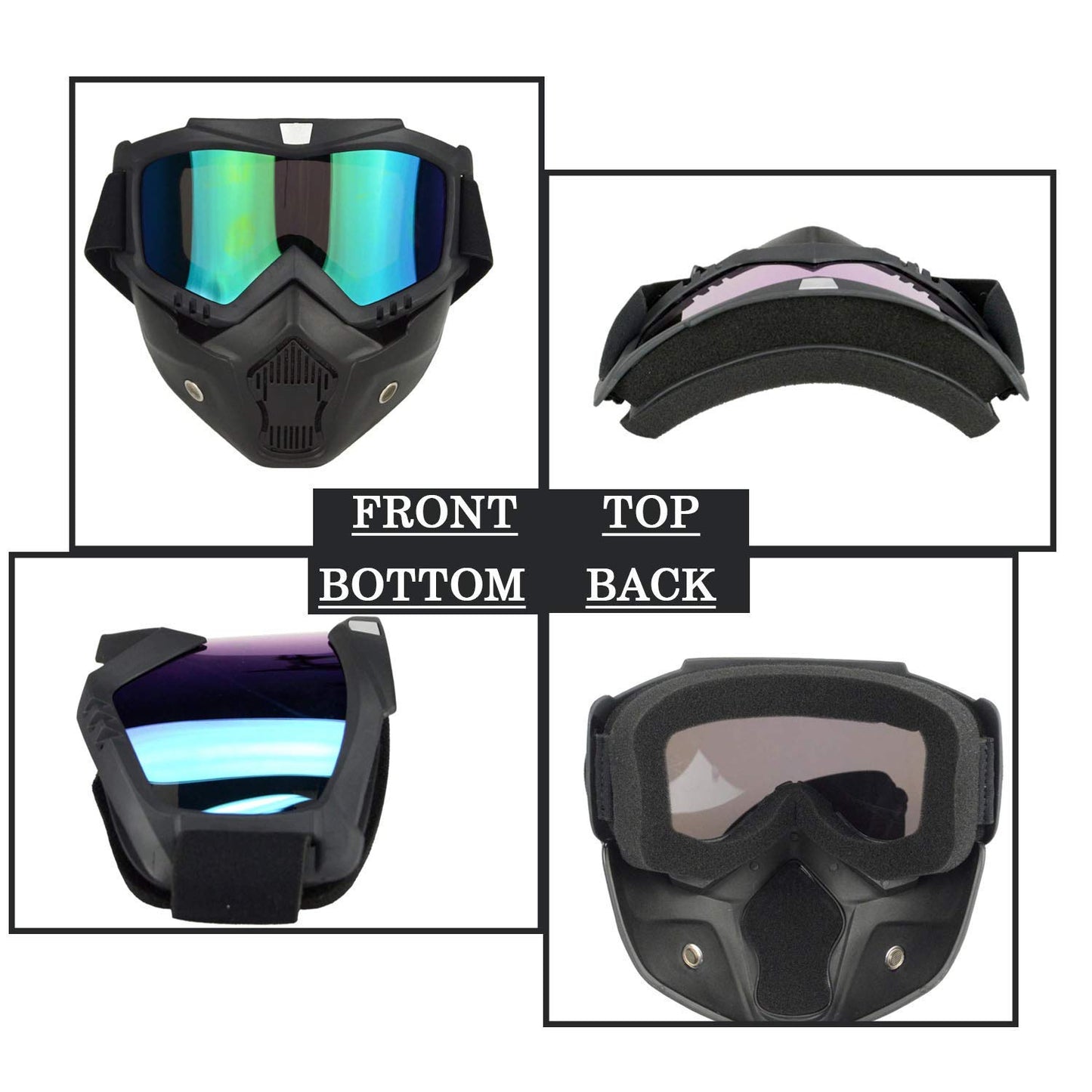 Motorcycle Goggle mask Anti Scratch UV Protective Face Mask, Bike Riding Goggles Mask With Detachable Face Mask, Adjustable Elastic Strap Goggles Mask For Helmet - Rainbow Visor