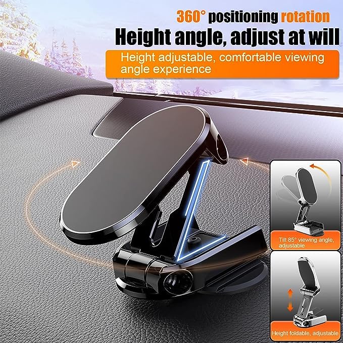 Versatile Foldable Magnetic Car Phone Holder with 360° Rotation: Secure Dashboard Mount with 6 Powerful Magnets, Perfect for GPS and Compatible with a Wide Range of Phones-Black