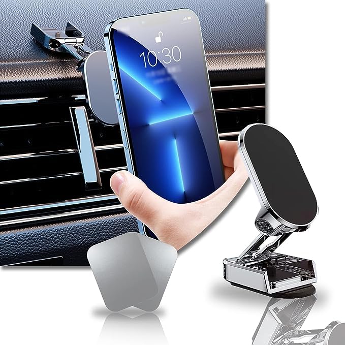 Versatile Foldable Magnetic Car Phone Holder with 360° Rotation: Secure Dashboard Mount with 6 Powerful Magnets, Perfect for GPS and Compatible with a Wide Range of Phones-Black