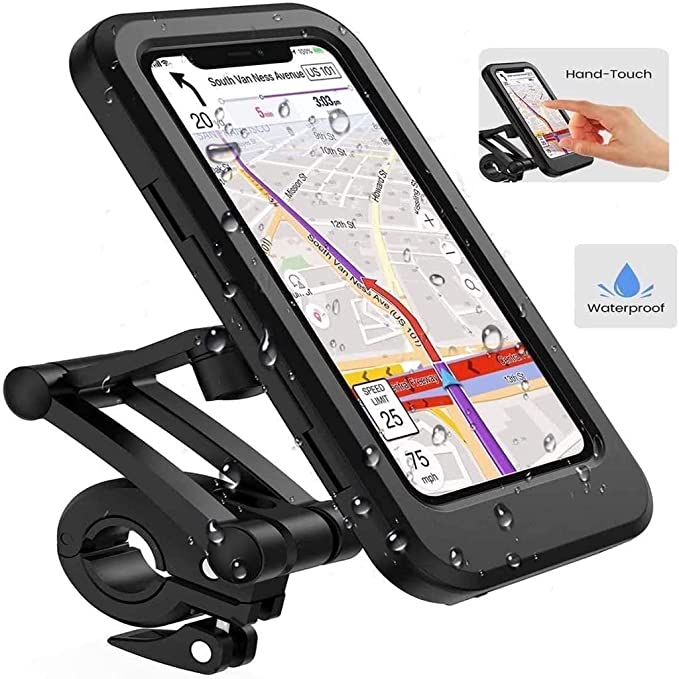 Bike Phone Holder Waterproof Mobile Phone Case for Bike Universal Motorcycle Phone Mount Bicycle Handlebar with Sensitive Touch Screen Fit Below 7.2 inch Smartphone (Alloy Steel, Black)